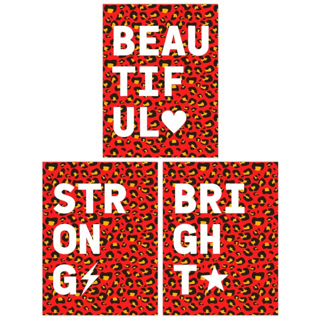 Set of 3 Beautiful Strong Bright Red Orange Leopard Motivational Wall Art Print A4