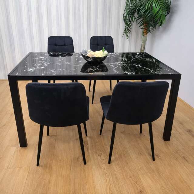 Black Marble Effect Glass Dining Table with 4 Black Velvet Chairs Dining Room Set