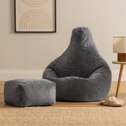 Dalton Cord Adults Bean Bag Recliner and Pouffe, Ready Filled Beanbag and Footstool Grey Grey Charcoal Grey 1