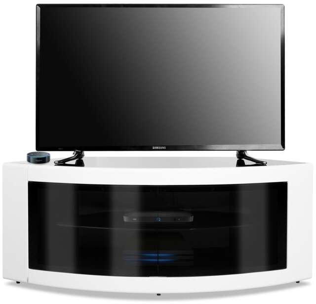 Centurion Supports PANGEA Gloss White Beam-Thru Curved Tru-Corner 32”-50” TV Cabinet Black White 1
