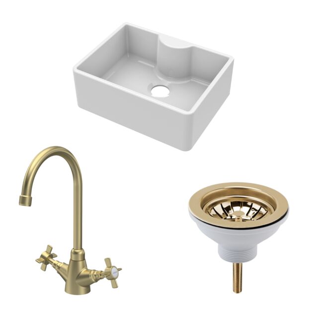 Balterley Fireclay Kitchen Bundle Single Bowl Butler Sink with Tap Ledge, Waste & Mono Mixer Tap White White 3