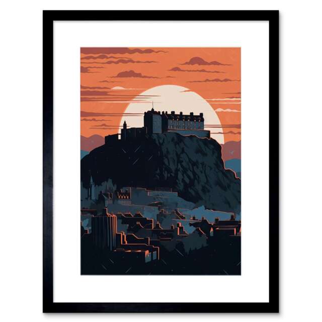 "Edinburgh Castle Old Town Atmospheric Sunset 9x7"" Black Framed Wall Art Print"