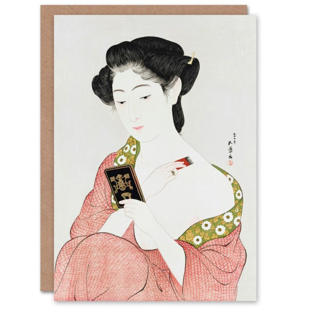 Goyo Hashiguchi Japanese Art Card Woman Applying Powder Portrait