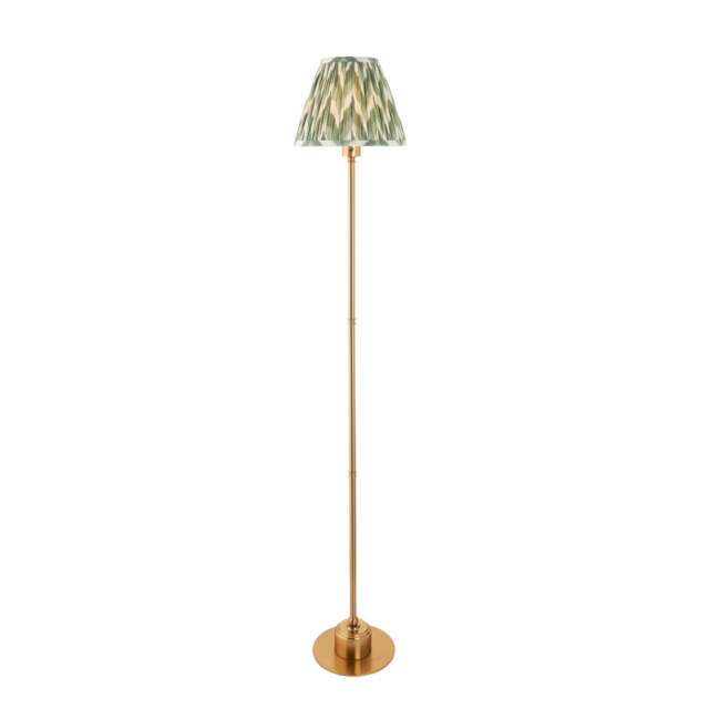 Burley Rechargeable Brushed Aged Brass Plate Floor Lamp with Cotswold Green Fabric Zigzag Shade 25cm Integrated LED
