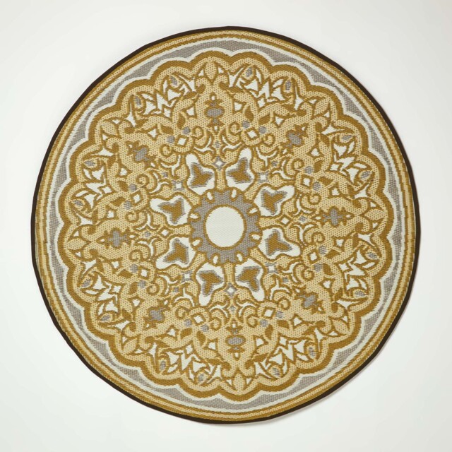 Homescapes Outdoor Rug Luxury Waterproof Reversible Recycled, For Garden, Round Rae Yellow Yellow