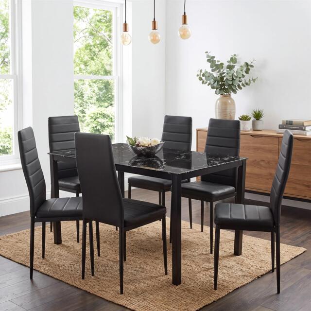 Dining Table and 6 Chairs Black Marble Effect Glass 6 Leather Black Chairs Dining Room Furniture Black One Size 8