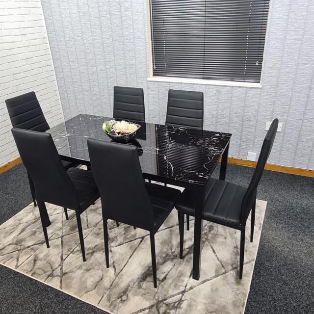 Dining Table and 6 Chairs Black Marble Effect Glass 6 Leather Black Chairs Dining Room Furniture Black One Size 8