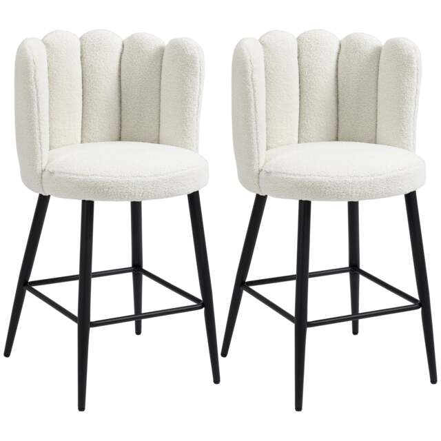 HOMCOM Bar Stools Set of 2, Modern Boucle Upholstered Shell Barstools, Breakfast Bar Chairs with Backrest, Footrest and Steel Base for Kitchen Counter, Cream