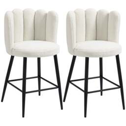 HOMCOM Bar Stools Set of 2, Modern Boucle Upholstered Shell Barstools, Breakfast Bar Chairs with Backrest, Footrest and Steel Base for Kitchen Counter, Cream
