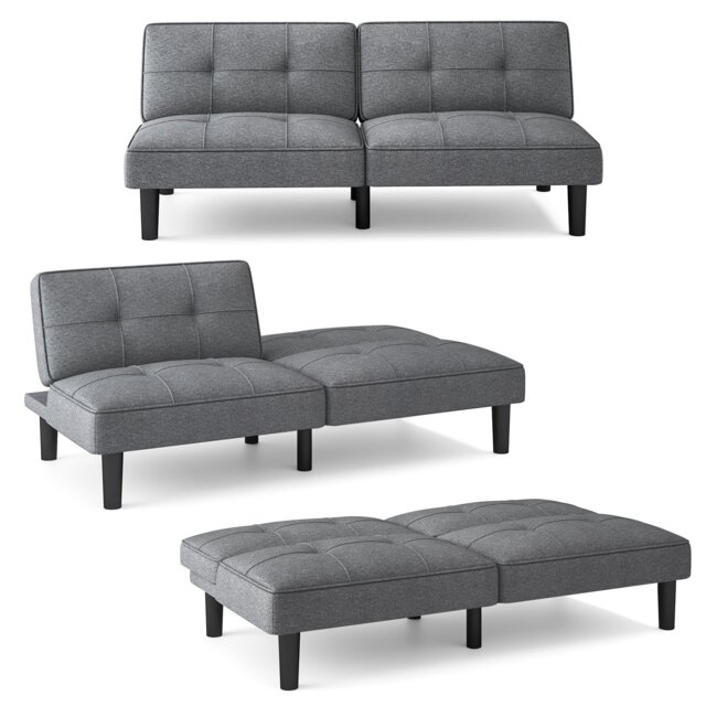 COSTWAY 3 Seater Convertible Sofa Bed Modern Linen Fabric Upholstered Futon