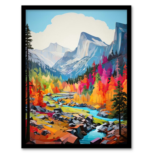 Colourful Yosemite National Park Forest Black Framed Wall Art Print A4