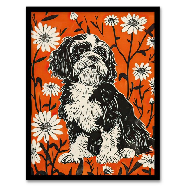 Shih Tzu with Daisies Red Floral Dog Lover Black Framed Wall Art Print A4