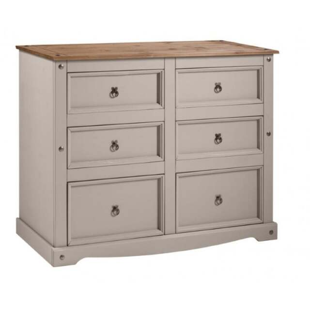 Mercers Furniture Corona Grey Painted Wax 6 Drawer Large Wide Chest of Drawers Solid Wood Pine with Mexican Styling Wooden