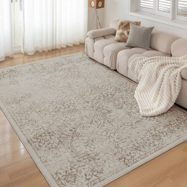 LIVABLISS Floransa-Vintage Traditional Boho Rug 200 x 275 cm Tan Ivory Grey