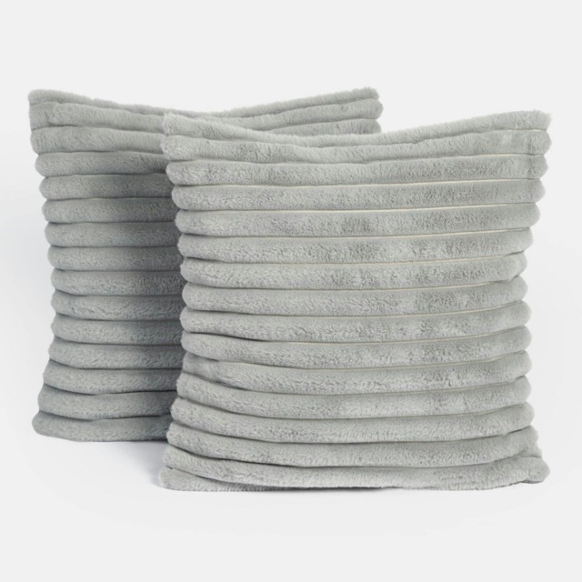 OHS 2 x Faux Fur Matte Velvet Fleece Thick Ribbed Cushion Covers, 45x45cm - Grey