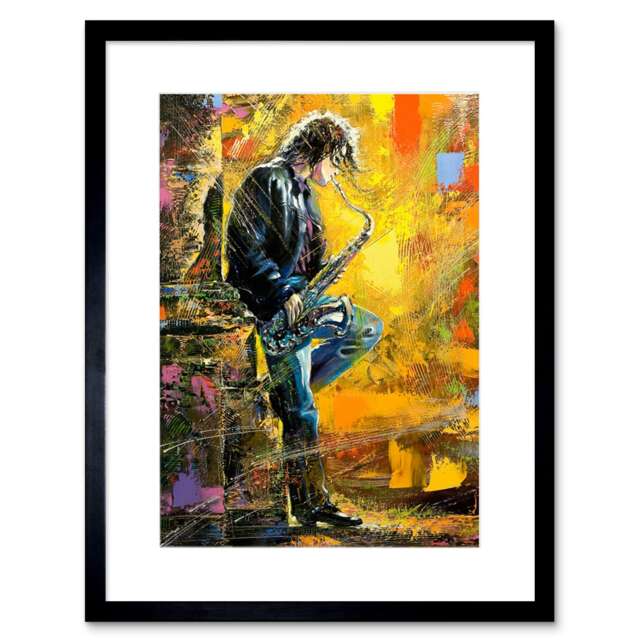 "Street Musician Jazz Music Saxophone Player 9x7"" Black Framed Wall Art Print"