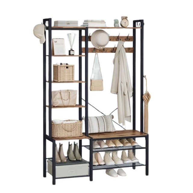 Entryway Hall Tree Coat Rack Stand With Shoe Storage and Shelves