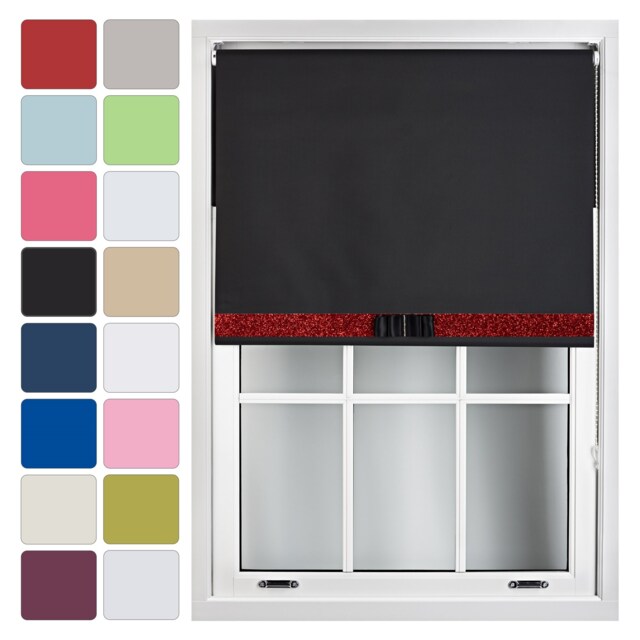 FURNISHED Blackout Roller Blinds with Glitter Trim and Bow Insulated Designed Window Shade Black Black 1 (W) 120cm x (L) 165cm
