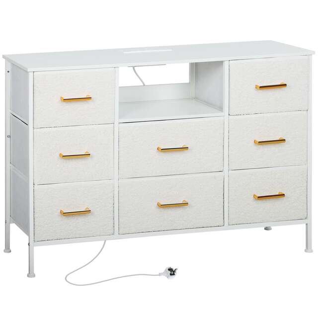 HOMCOM Boucle Chest of Drawers, 8 Fabric Drawers Storage Organiser with Charging Station, 2 USB and 2 AC Ports, Steel Frame, Fabric Dresser for Living Room, Bedroom, Hallway, Cream White