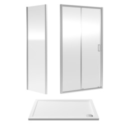 Balterley Sliding Shower Suite with Safety Glass Door, Side Panel & Shower Tray Silver Chrome 3