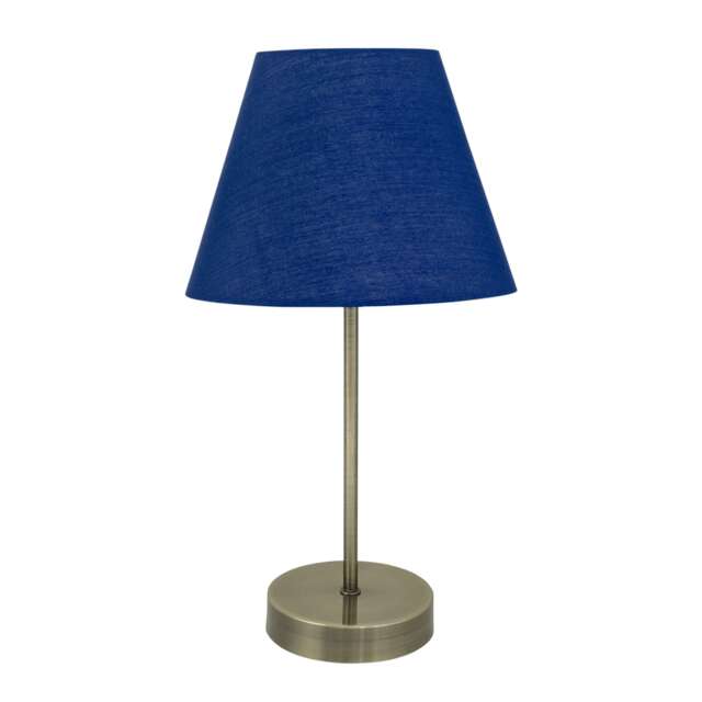 Antique Brass Stick Table Lamp with Navy Blue Fabric Shade