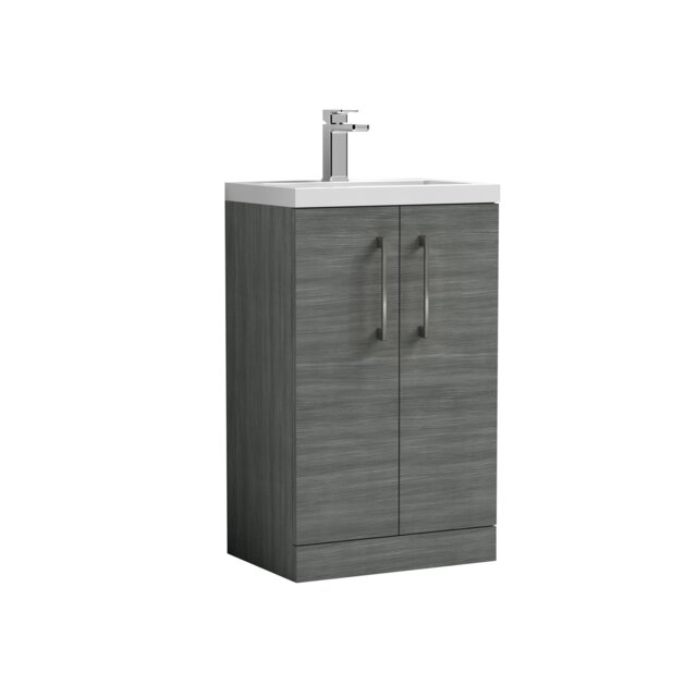 Balterley Level Compact Bathroom Cloakroom Vanity Basin Unit with Polymarble Basin, Handles Grey Grey Woodgrain 840 x 503 x 353mm