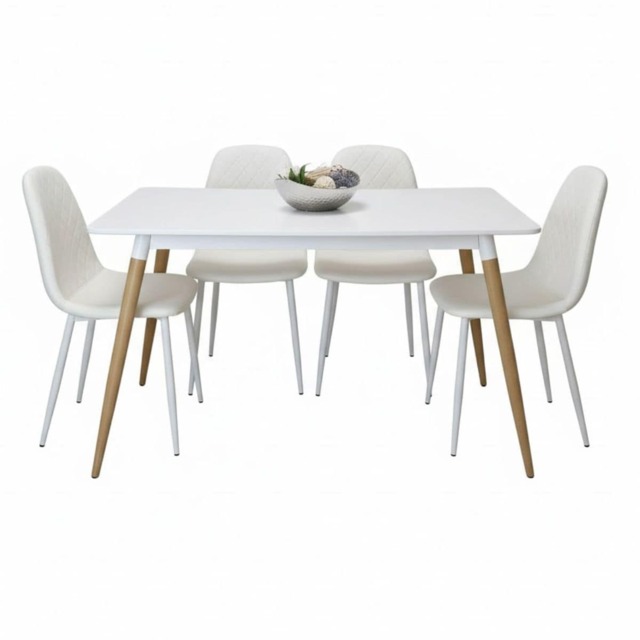 Modern Rectangle White Dining Table Set With 4 White Chairs Dining Room Furniture
