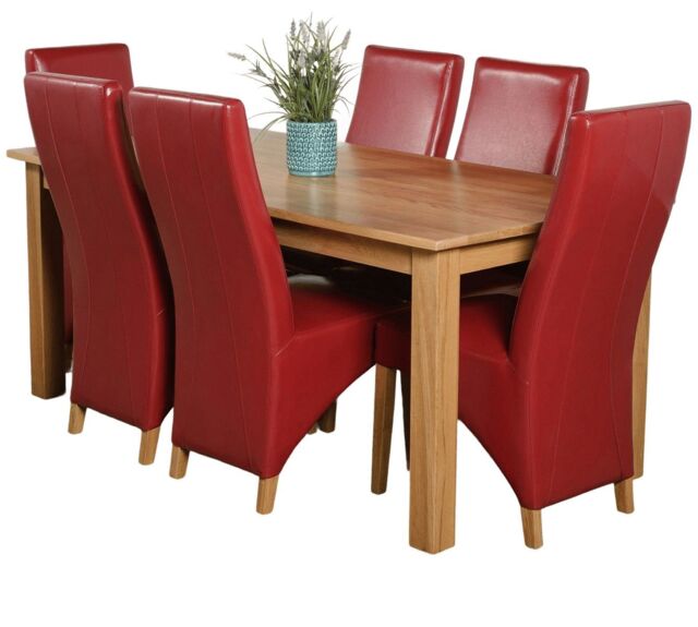 Oslo 180 x 90 cm Large Oak Dining Table and 6 Lola Leather Chairs Red Red