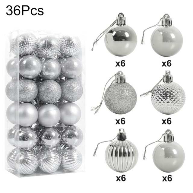 Living and Home 36Pcs Xmas Ball Ornament Christmas Tree Deluxe Bauble Set- Silver
