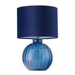 Contemporary Midnight Blue Ribbed Glass Table Lamp with Navy Blue Velvet Shade Blue Midnight Blue 1