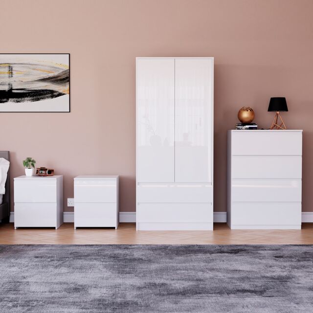 Vida Designs Glinton 4 Piece FSC Certified Bedroom Set (2 Drawer Bedside Chest x2, 4 Drawer Chest, 2 Door 2 Drawer Wardrobe), White White White 4