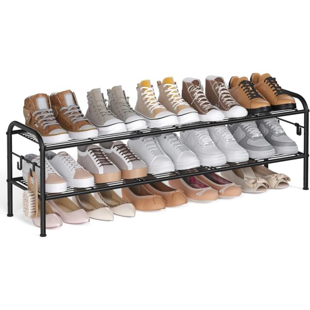 Shoe Rack, Compact 2-Tier Organizer, Adjustable Metal Shelf with Hooks for Entryway or Closet, Ink Black