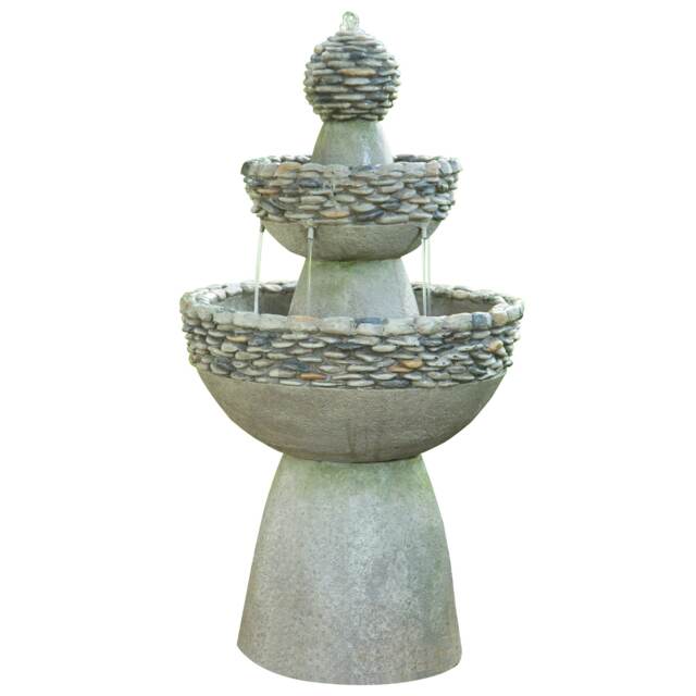 Teamson Home Outdoor 3-Tier Zen-Style Pedestal Water Fountain with Stone Trim & Pump, Stone Gray