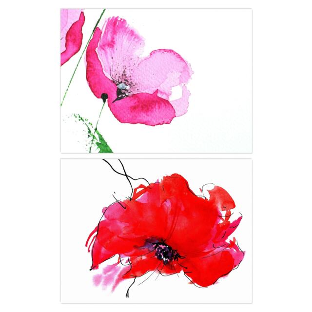 Set of 2 Pink Red Poppy Flowers Floral Watercolour Bedroom Home Decor Wall Art Print A4