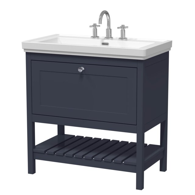 Traditional Furniture Floor Standing 1 Drawer Vanity & 3 Tap Hole Fireclay Basin, 800mm, Indigo Blue Blue