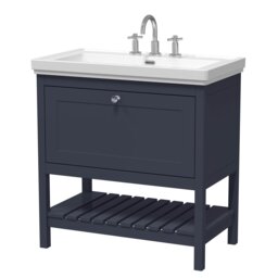 Traditional Furniture Floor Standing 1 Drawer Vanity & 3 Tap Hole Fireclay Basin, 800mm, Indigo Blue Blue