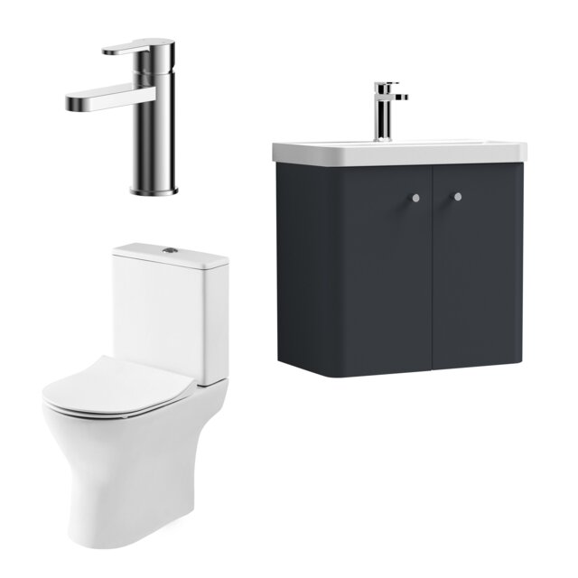 Balterley Contemporary Wall Hung 2 Door Bathroom Vanity Unit, Basin, Tap & Toilet Pack Grey Satin Soft Black 539 x 579 x 342mm