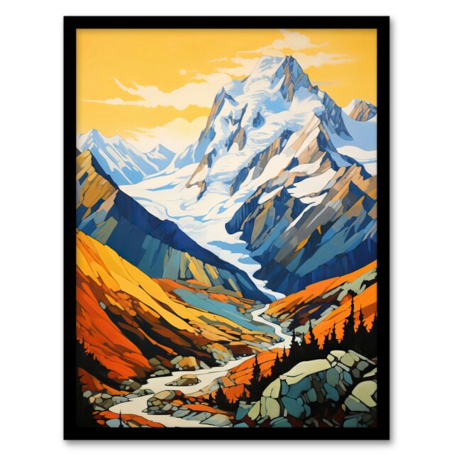 Aoraki Mount Cook Amber Orange New Zealand Black Framed Wall Art Print A4