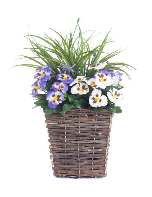 Best Artificial Pre-Made 44cm Blue & White Pansy Flowers in Rattan Wicker Planter Pot - Suitable For Outside Use Blue Blue and White 1