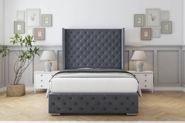 "Sloomy Arundel Steel Plush Bed Frame With Mattress With 50"" Upholstered Wingback Headboard 5' King"