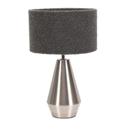 ValueLights Jax Brushed Chrome Touch Table Lamp Charcoal Boucle Shade