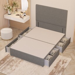 Divan Bed Base with 4 Drawers & Plain Floor Standing Headboard Linen Fabric Grey Sage