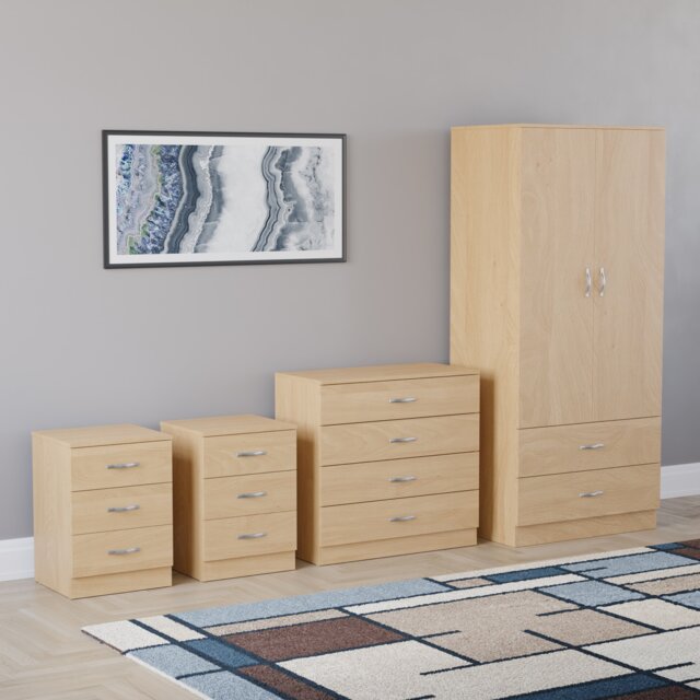 Vida Designs Riano 4 Piece Bedroom Set (2x 3 Drawer Bedside Chest, 5 Drawer Chest, 2 Door 2 Drawer Wardrobe) - Pine