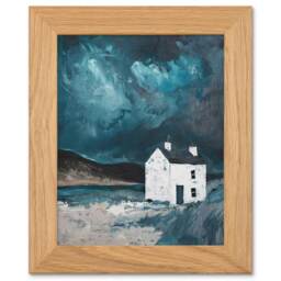 Scottish Coastal Cottage Night Hills Art Oak Wood Framed Wall Print