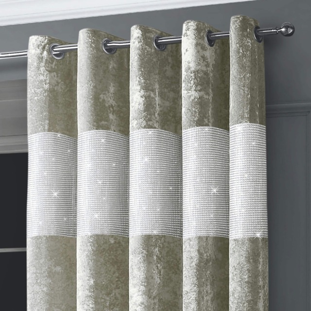 Intimates Diamante Crushed Velvet Ready Made Eyelet Curtains - 168cm x 183cm Cream Natural