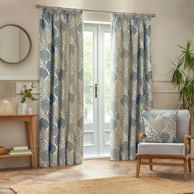 Wylder Ophelia Floral Jacquard Wedgewood Pencil Pleat Curtains (W)229cm x (D)229cm Multi