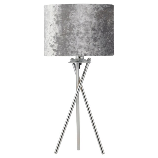 Chrome Tripod Table Lamp with Grey Crushed Velvet Shade Chrome Grey Large 1
