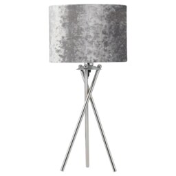 Chrome Tripod Table Lamp with Grey Crushed Velvet Shade Chrome Grey Large 1