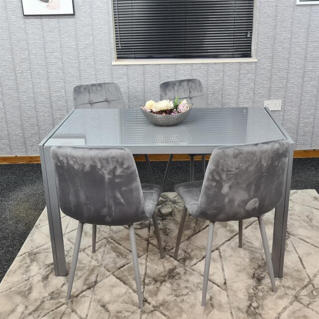Dining Table and 4 Grey Velvet Chairs Grey Glass Table 4 Velvet Chairs Dining Room Furniture