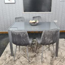 Dining Table and 4 Grey Velvet Chairs Grey Glass Table 4 Velvet Chairs Dining Room Furniture